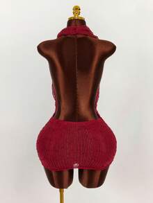 Amplova 女式时尚性感低胸露背迷你连衣裙 - 酒紅色 - 查看 2