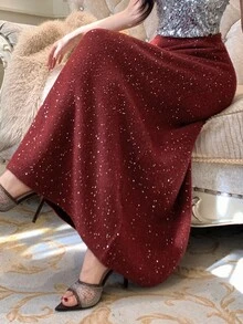 DAZY Women's Elegant Sequin Sweater Skirt, Autumn,New Year,Christmas Winter Women Skirts - Burgundy - View 1