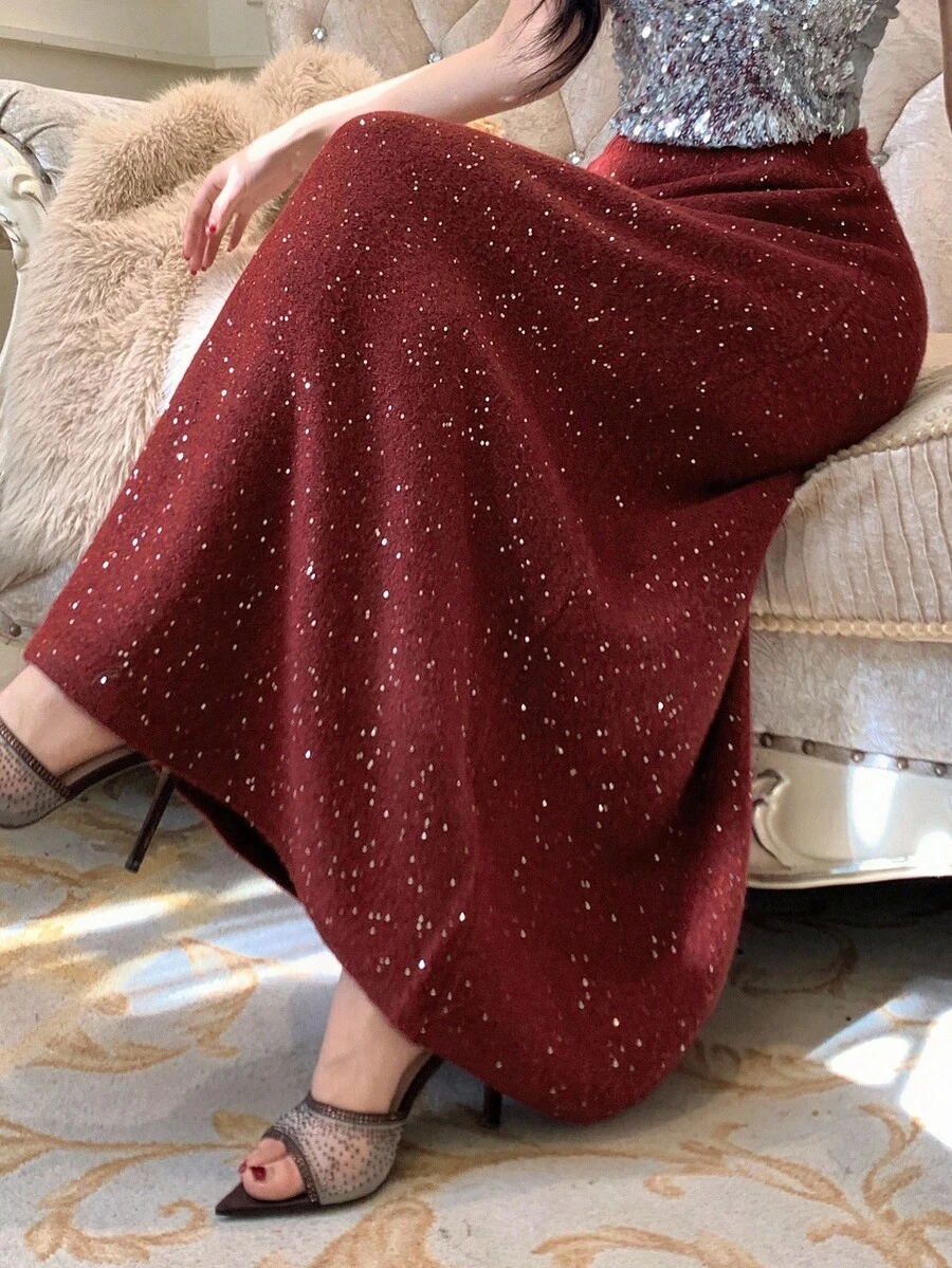DAZY Women's Elegant Sequin Sweater Skirt, Autumn,New Year,Christmas Winter Women Skirts - Burgundy - View 1
