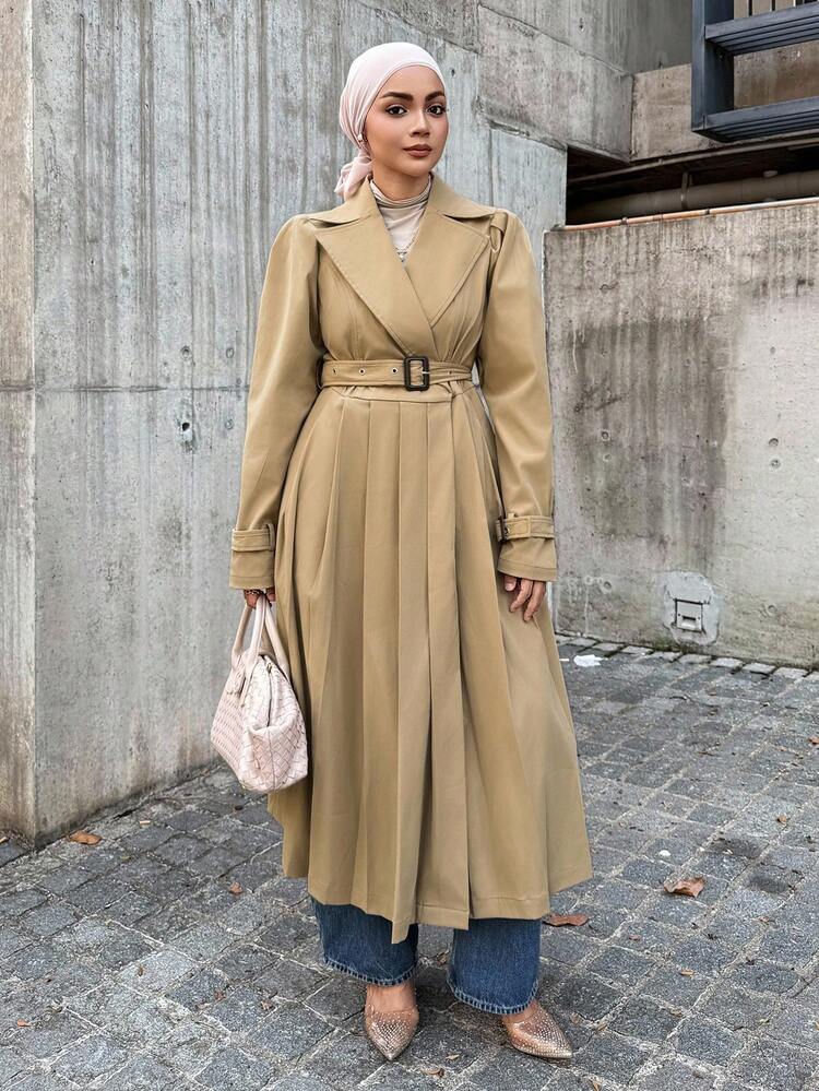 Women's Casual Solid Color Belted Pleated Midi Dress, Autumn Modest Fashion