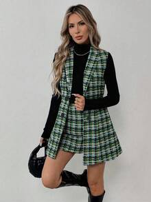 Elyressa Women's Plaid Sleeveless Jacket And Midi Skirt Elegant Set, Autumn/Winter - Green - View 6