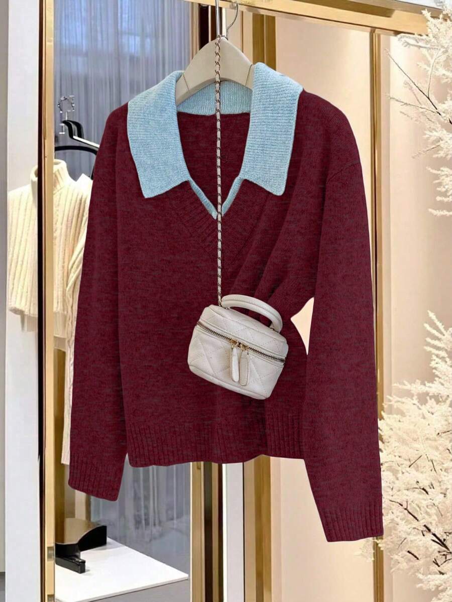 Franclia Áo len dài tay cổ chữ V 2 trong 1, Thu/Đông - Màu Đỏ Sâu - Xem 1
