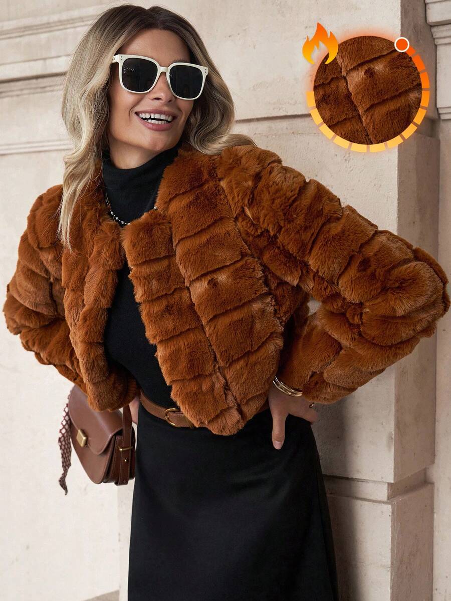 SHEIN Clasi 仿皮草短外套，奢华复古优雅，适合秋冬季感恩节女士穿着，棕色仿皮草外套，冬季女士皮草外套 - 摩卡棕 - 查看 1