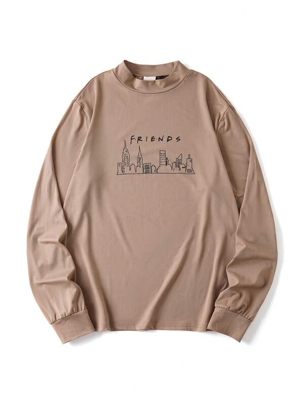 FRIENDS X SHEIN Unisex 3pcs/Set Casual Architecture & Letter Print Stand Collar Long Sleeve T-Shirts, Autumn