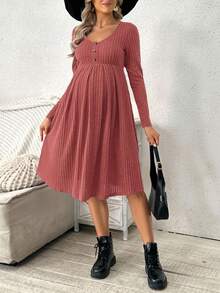 SHEIN Vestido de manga larga con cuello de canalé, botones delanteros y unicolor, para embarazadas, primavera/otoño - Naranja - Ver 5