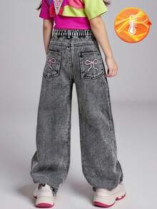 女童 Y2K 直筒牛仔裤，黑色，俏皮蝴蝶刺绣，休闲时尚，百搭，适合上学、聚会、度假、通勤、日常穿着，全新秋季系列 - 黑色 - 查看 3