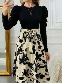 SHEIN 少女连衣裙花卉印花泡泡袖系带连衣裙长款服装/圣诞节、节日/家庭日/新年快乐 - 彩色 - 查看 3