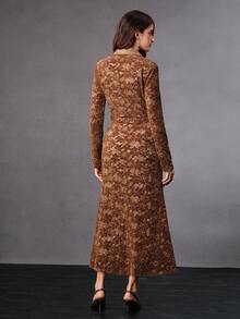 Anewsta High-End Design Autumn/Winter Lace Patchwork PU Leather Metal Button Embellished Slim Fit Dress - Coffee - View 2