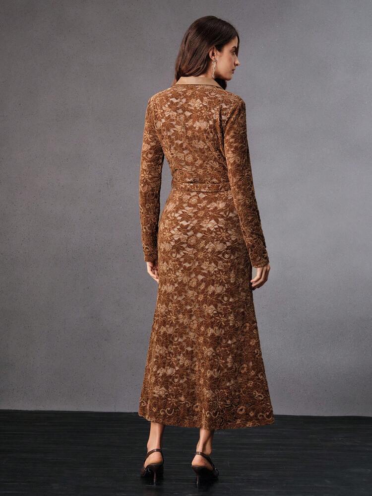 High-End Design Autumn/Winter Lace Patchwork PU Leather Metal Button Embellished Slim Fit Dress