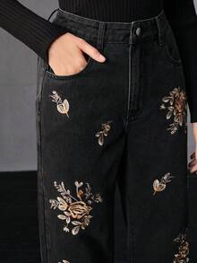 Anewsta Heavy Embroidery Denim Black Straight Leg Jeans - Black - View 1