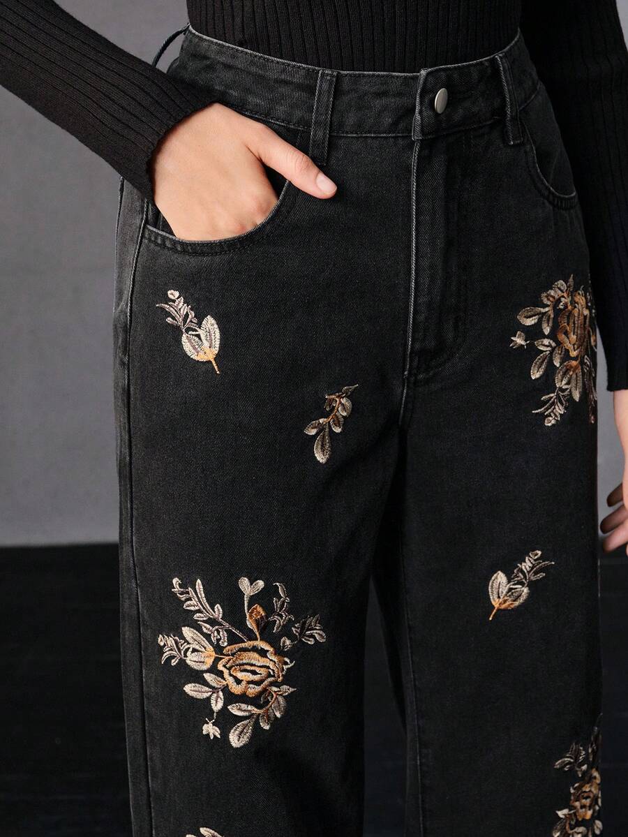 Anewsta Heavy Embroidery Denim Black Straight Leg Jeans - Black - View 1