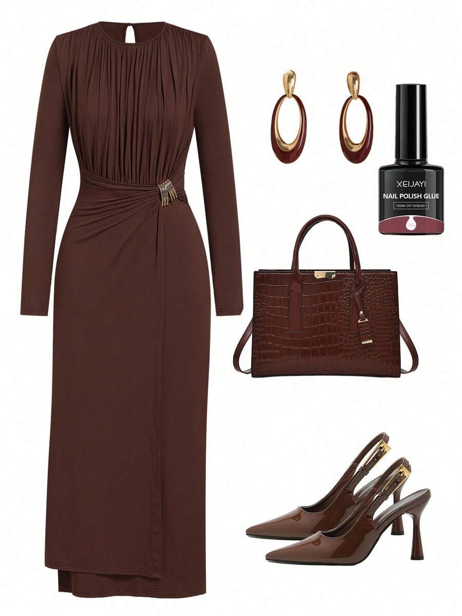 Ellevyn 大码女式纯色圆领长袖褶饰腰部金属装饰优雅连衣裙 - 棕色 - 查看 1