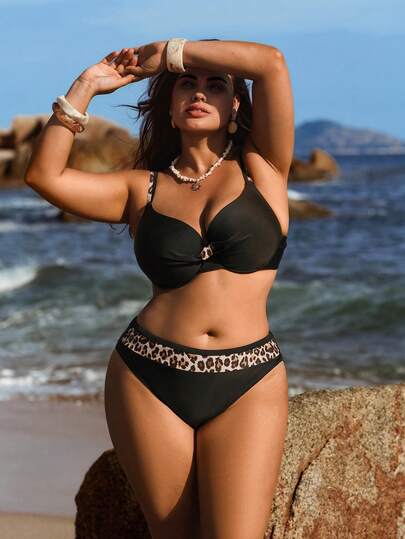 Swim Lushoire Plus Size 2pcs Women's Swimsuit, Black With Leopard Print, Underwire Supportive Top With Contrast Straps, High Waist Bottoms Bikini Set
