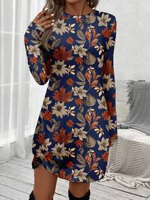 SHEIN LUNE Women's Casual Maple Leaf Print Twist Knot Dress, Spring/Autumn