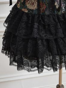 Sweetness Vintage Romantic Garden Gothic Oil Painting Floral Lace Ruffle Patchwork Plus Size Women Dress With Pants - Black - View 5