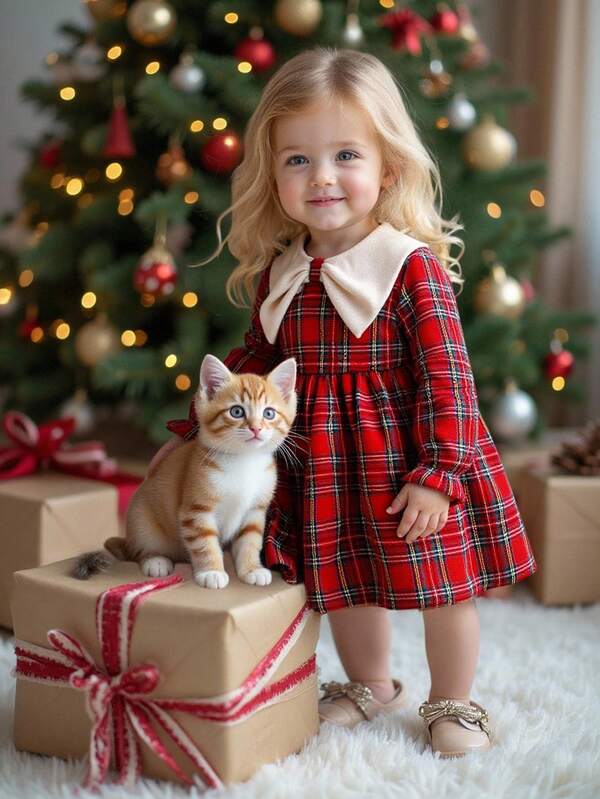 Baby Girls Dresses Bow Tie Collar, Red Christmas Dress Christmas Plaid Dress, Suitable For Casual Outings, Parties Christmas Red Plaid Dress With A Large Bow Collar Is Cute And Casual Dress Christmas For Baby Girl Christmas Toddler Girl Baby Girl Christmas Outfit Christmas Dress For Girls
