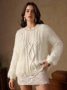 Anewsta Women's Elegant French Style Rhinestone Embellished Loose Fit Flattering Soft Sweater, Versatile & Age-Reducing, Winter Sweater, Christmas Sweater, White