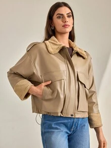 CLARA VERO Cappotto imbottito con colletto in borg, tasche con patta, rivestimento in pelle PU, fodera in pelliccia, giacca in PU di alta qualità, molto morbida e confortevole - Albicocca - Visualizzare 3