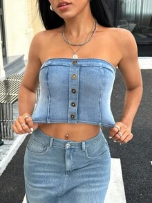 SHEIN Unity Atasan Bustier Denim Wanita Model Crop Fit dengan Desain Kancing Y2K yang Modis - Biru - View 4