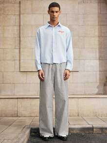 SWAVVY 男士字母图案松紧腰条纹阔腿宽松休闲裤 - 灰色 - 查看 4