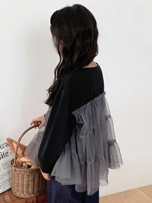 DAZY 女童圆领网纱拼接韩版长袖T恤，秋冬款