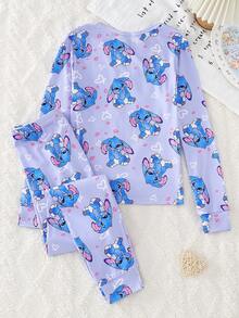 Genkimix Kids Girls Cute Cloud & Print Pink Crew Neck Long Sleeve Top And Leggings 2 Pieces Knit Stretchy Soft Fitted Loungewear Set - Multicolor - View 2