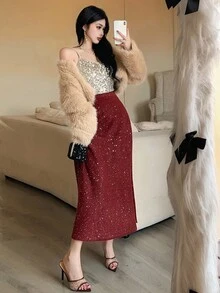 DAZY Women's Elegant Sequin Sweater Skirt, Autumn,New Year,Christmas Winter Women Skirts - Burgundy - View 3