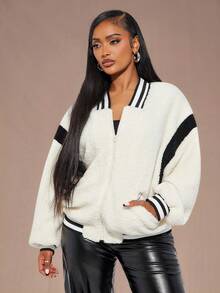 Radiana 女式条纹蝙蝠袖拉链棒球夹克拉链毛衣泰迪熊夹克羊羔绒夹克飞行员夹克短款拉链连帽衫泰迪熊飞行员夹克拉链夹克秋冬女装 - 白色 - 查看 1