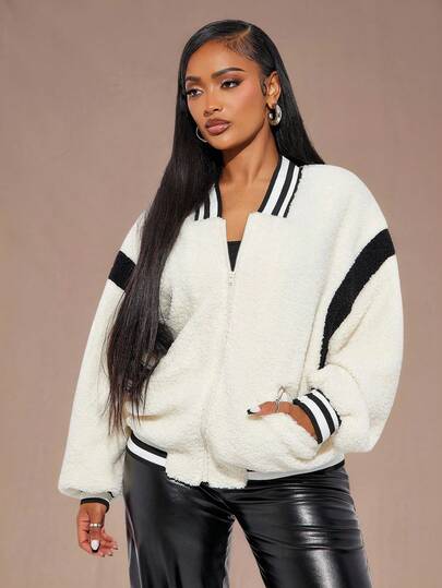 Radiana 女式条纹蝙蝠袖拉链棒球夹克拉链毛衣泰迪熊夹克羊羔绒夹克飞行员夹克短款拉链连帽衫泰迪熊飞行员夹克拉链夹克秋冬女装