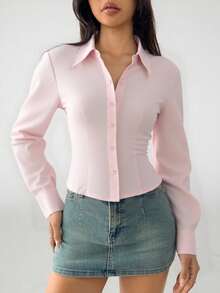 SHEIN 青少年女孩百搭百搭休闲日常时尚衬衫，适合毕业季和正式场合 - 淺粉色 - 查看 6