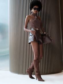 Lumivelle Chiffon Polka Dot Pattern Spaghetti Strap Metal Button Tied Bow Back Cutout A-Line Vacation Elegant Sexy Luxurious Minimalist Spring/Summer Women Camisole Chocolate Brown Top - Coffee Brown - View 5