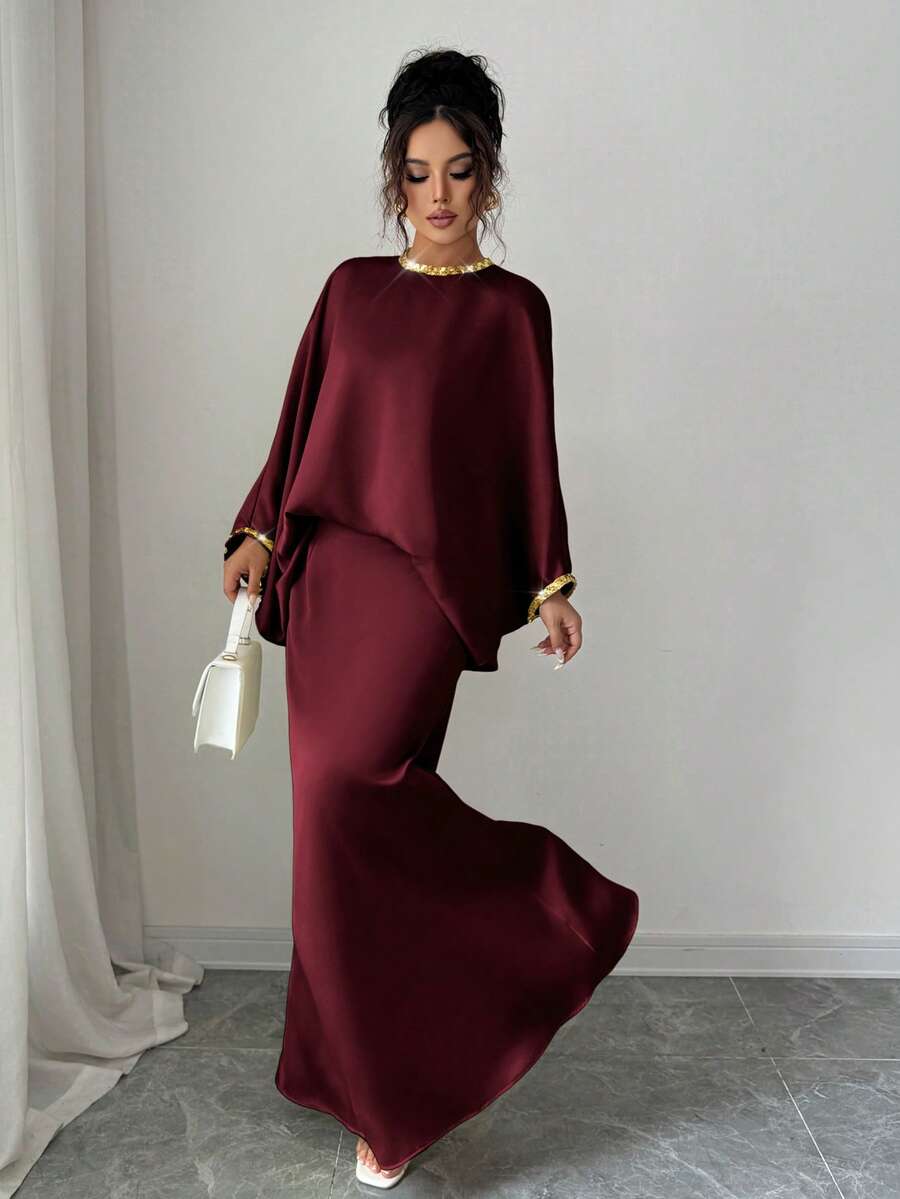 Elenzga Conjunto elegante de 2 piezas con blusa de manga murciélago con lentejuelas de unicolor y falda - Burdeos - Ver 1