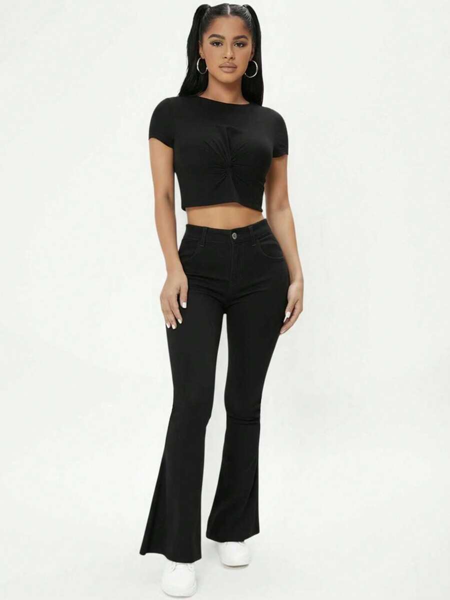 EURMUSE Casual Versatile Solid Color Slim Fit Flare Leg Jeans - Dark Wash - View 1