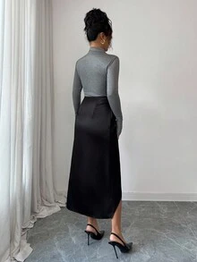 Modelyn Women's Color Block Elastic Fitted Waist Pleated Long Dress, Elegant High Neck Long Sleeve Asymmetrical Hem Dress - Black - View 3