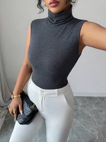 SHEIN Raffinéa Women's Elegant Fashion Minimalist Versatile Fitted Lapel Collar Cotton Tank Top, Spring/Autumn