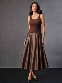 Anewsta Women's Elegant Vintage Elastic Knit Spaghetti Strap Flared Dress, Brown Coffee Color, Suitable For Winter, Christmas, New Year Party - Coffee - View 6
