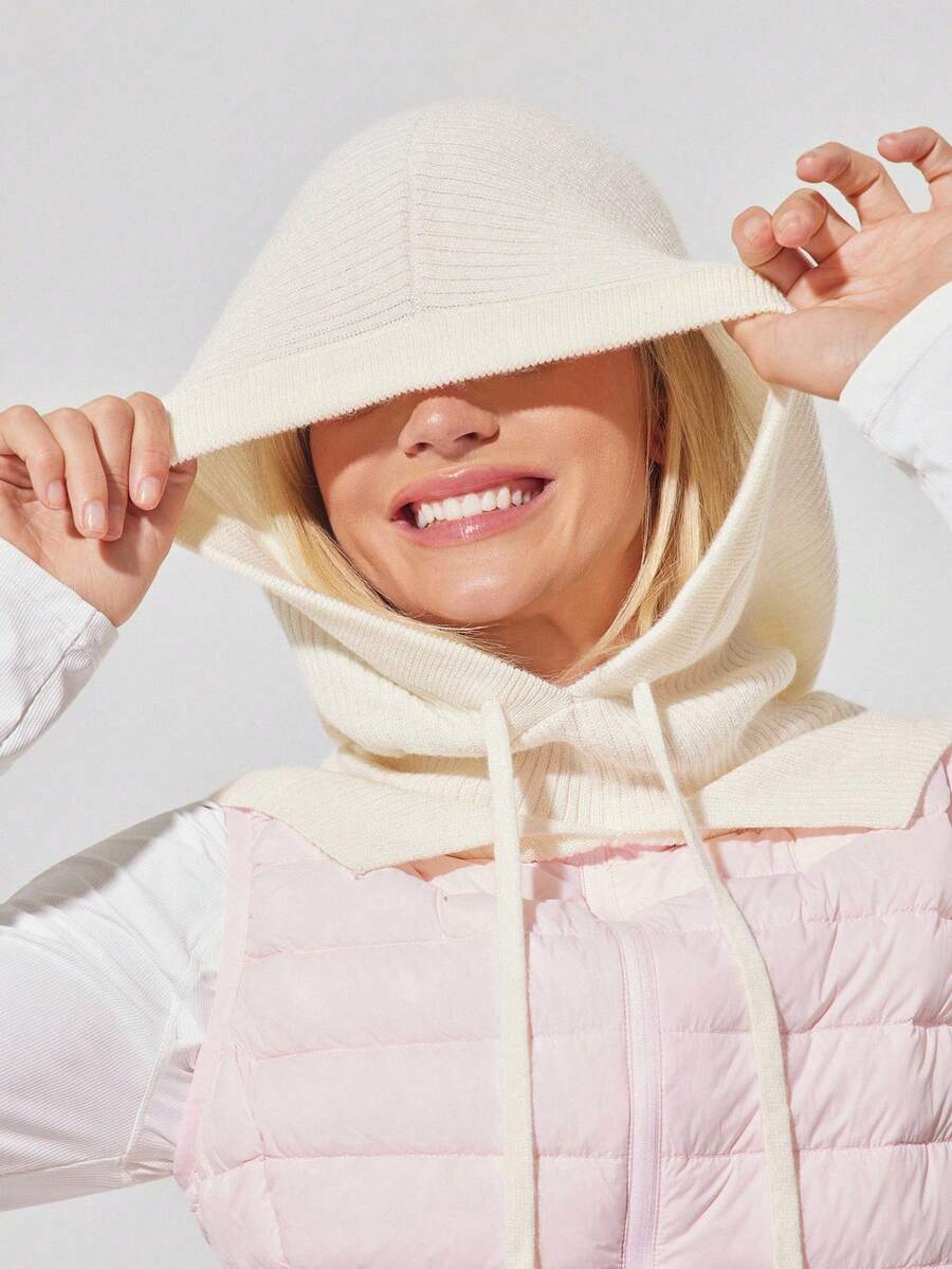 GLOWMODE Keep It Cozy 30% Wool Soft Warm Chill Ribbed Drawstrings Woven Balaclava Autumn Winter Daily Casual Wear - White - View 1