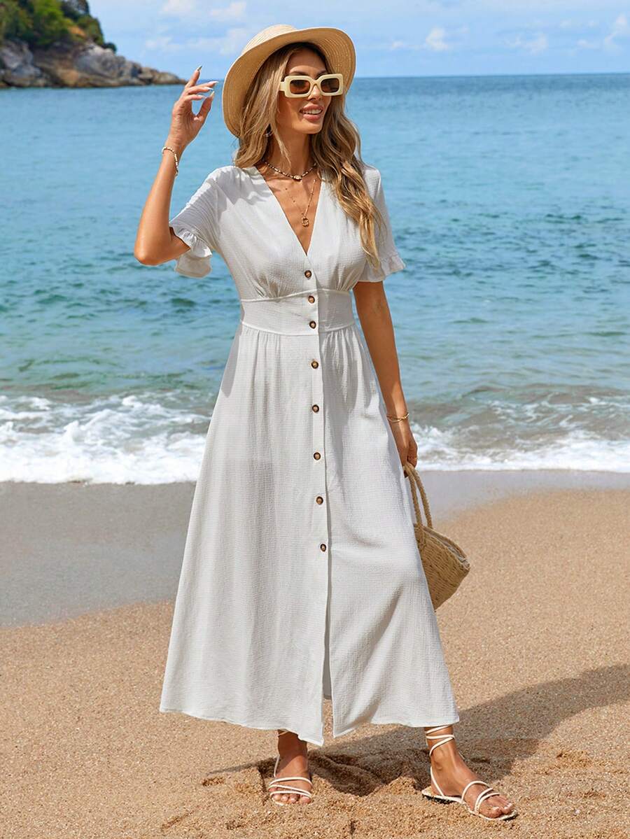 Solid Color Ruffle Trim Dress For Women, Button Front