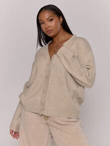 MUSERA Plus V Neck Button Through Knit Cardigan , , Winter, , Holidays, Cosy, Cute Festive New Year - Apricot - View 1