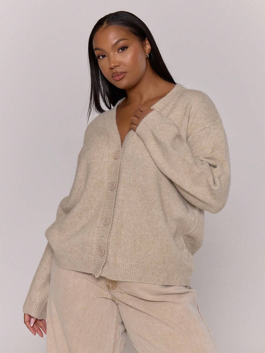 MUSERA Plus V Neck Button Through Knit Cardigan , , Winter, , Holidays, Cosy, Cute Festive New Year - Apricot - View 1