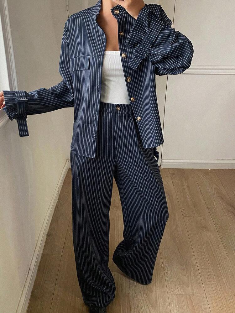 Women's Casual Striped Belted Collar Jacket And Wide Leg Pants 2 Pieces Set, Autumn