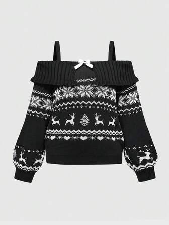 Kawaii Christmas Cute Off Shoulder Dropped Shoulder Snowflake & Reindeer Pattern Puff Sleeve Plus Size Sweater