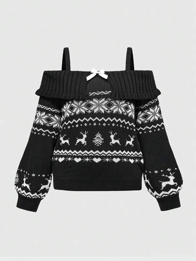 Kawaii Suéter de talla grande con hombros caídos y patrón de copos de nieve y renos, de manga abullonada y hombros descubiertos, estilo navideño