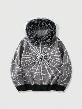 Goth Men's Spider Pattern Zip-Up Collar Patchwork Fuzzy Hooded Cardigan, Fall/Winter