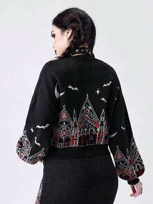 ROMWE Goth 哥特式城堡和教堂星月提花女式短款开衫 - 黑色 - 查看 4