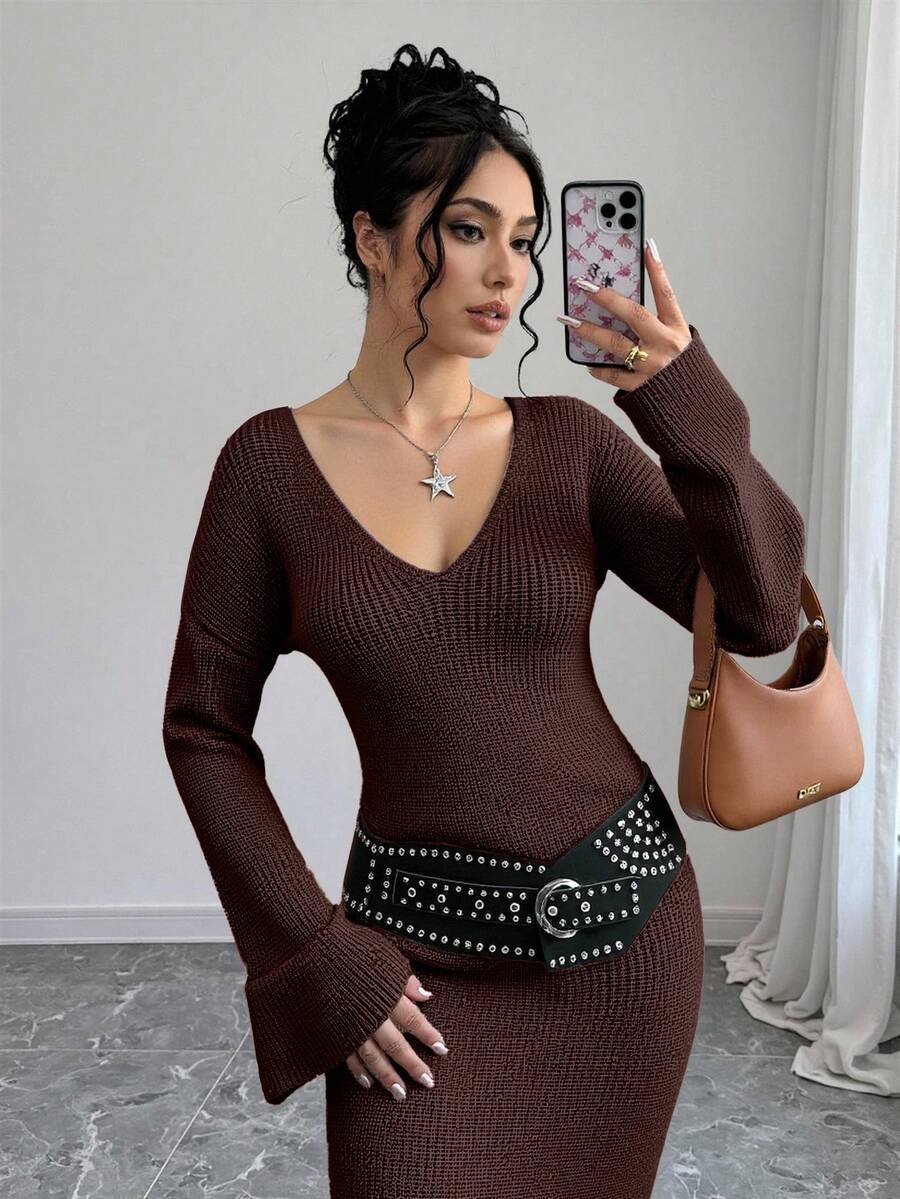 CasuGlow Casual Deep V Neck Solid Color Plain Pattern Drop Shoulder Double Cuff Oversize Fit Cozy Maxi Knitted Dress For Winter Daily Styles - Brown - View 1