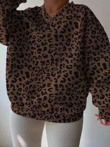 INAWLY Sweat-shirt décontracté imprimé léopard grande taille, automne/hiver - Marron fonçé - Voir 4