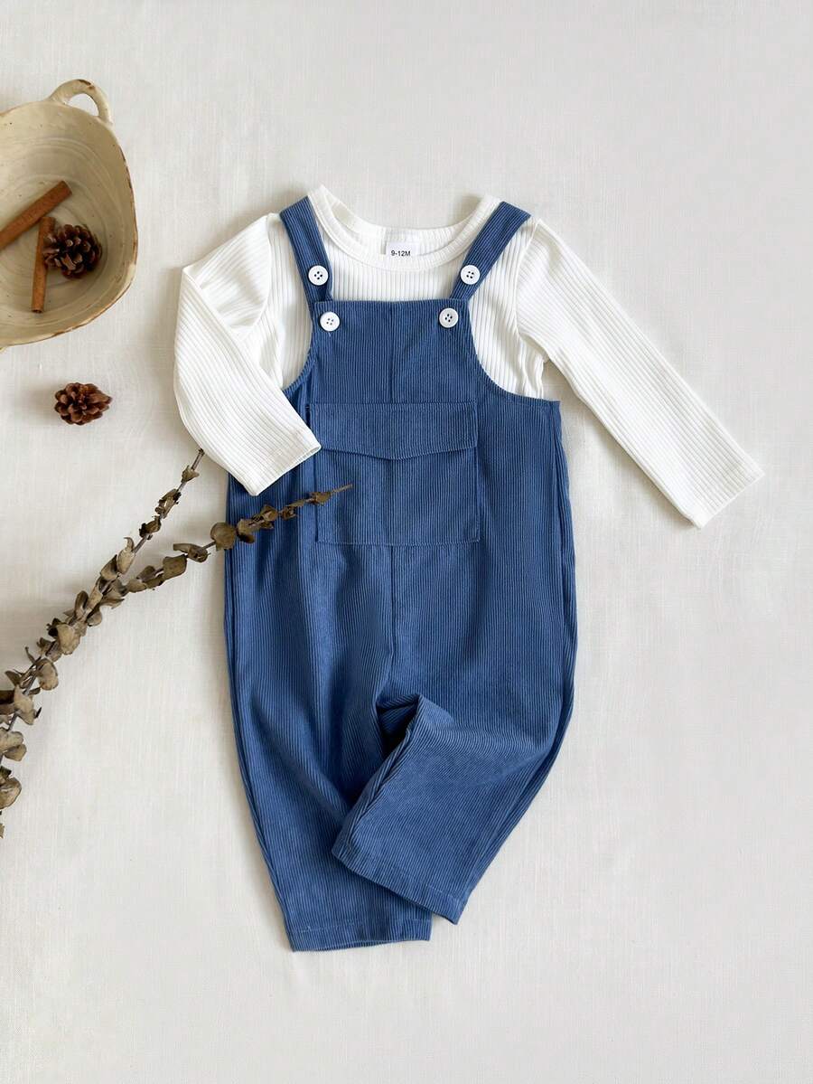 SHEIN Baby Boy Adjustable Suspender Blue Jumpsuit, Suitable For Outings, Casual Wear, And Party Occasions, Autumn/Winter