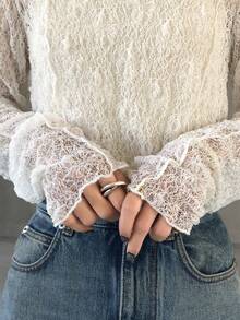 FRIFUL 女式修身蕾丝衬衫，圆领长袖，透明纹理面料，休闲百搭，适合度假、海滩