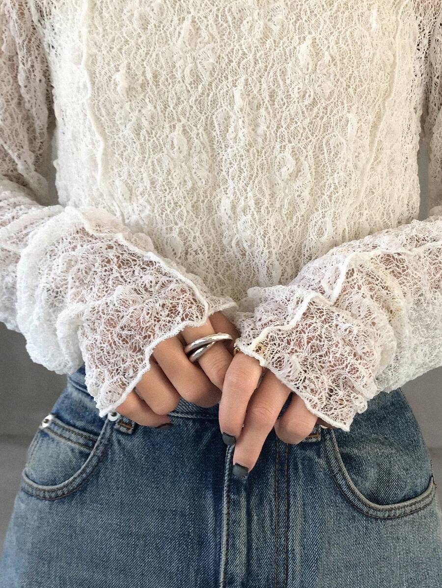 FRIFUL 女式修身蕾丝衬衫，圆领长袖，透明纹理面料，休闲百搭，适合度假、海滩